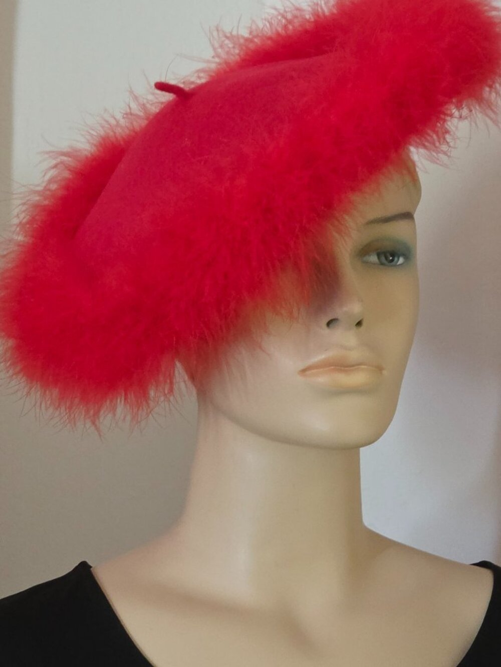 Preston & York Vintage Scarlet Red Wool Feather Trim Beret